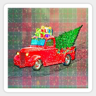 Christmas Plaid Graphic with Red Truck hauling Wrapped Presents in the Snow Cute Farmhouse Home Décor Gift Sticker